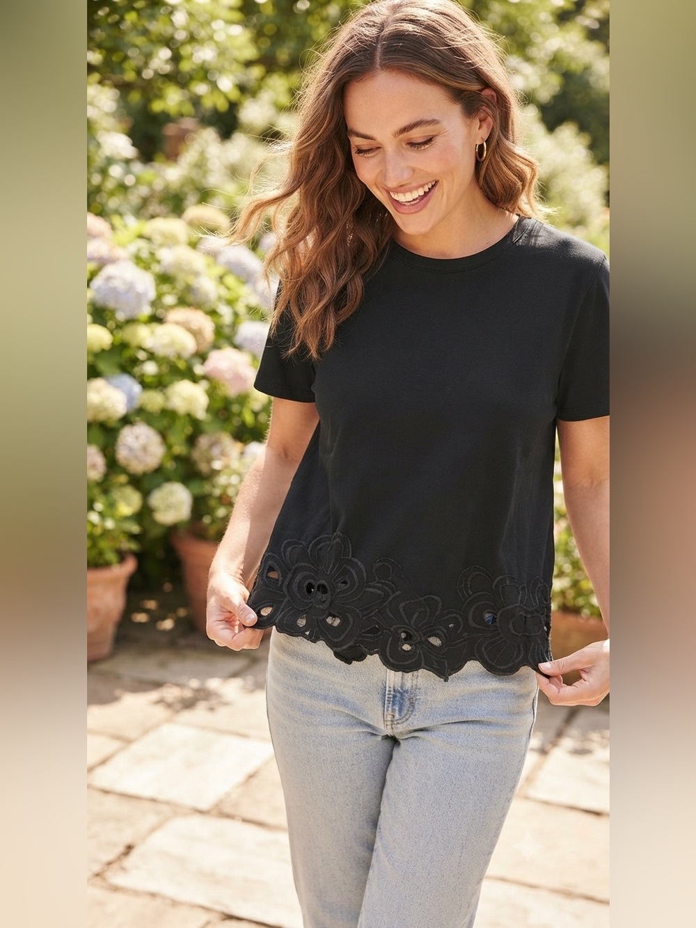 SZ XL Laurie Felt® NEW Women's Embroidered Hem Black T-Shirt Cotton Top